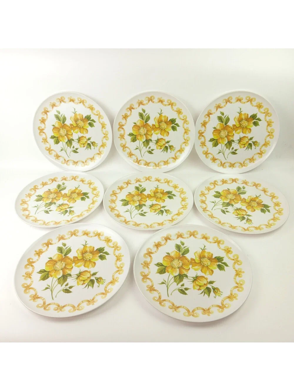 Vintage Melamine Dinner Plates Lot of 8 Yellow & Green Floral Flower Mid Century